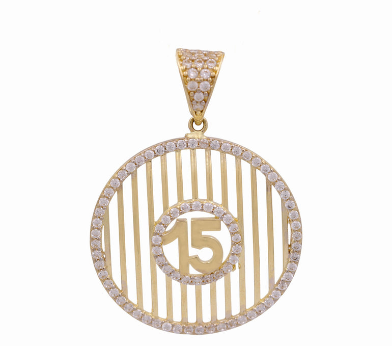 14K Yellow Gold Round Medal 15 Pendant - Miral Jewelry