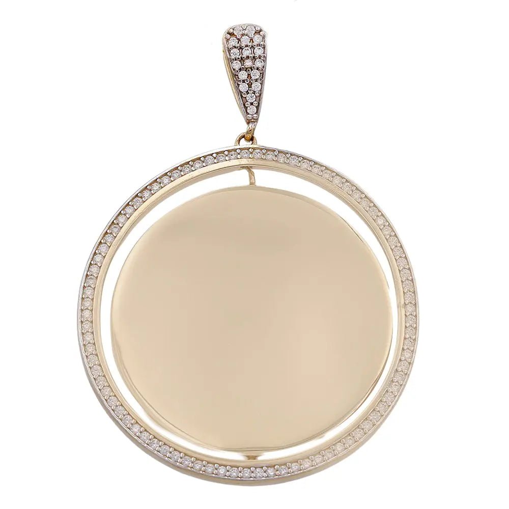 14K Yellow Gold Round Disc Medallion Pendant with CZ Frame
