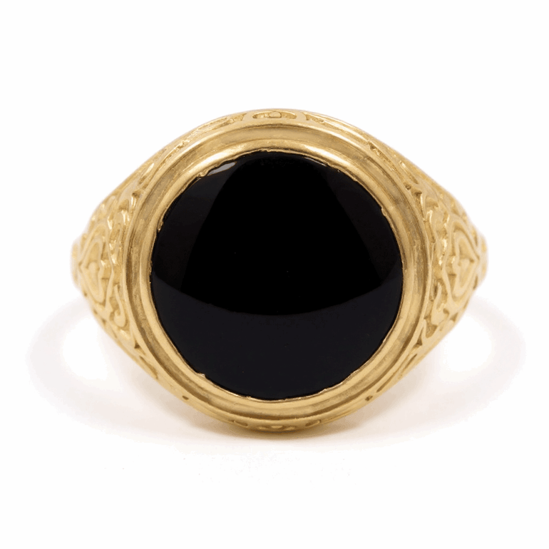 14k Yellow Gold Round Onix Fashion Ring - Miral Jewelry