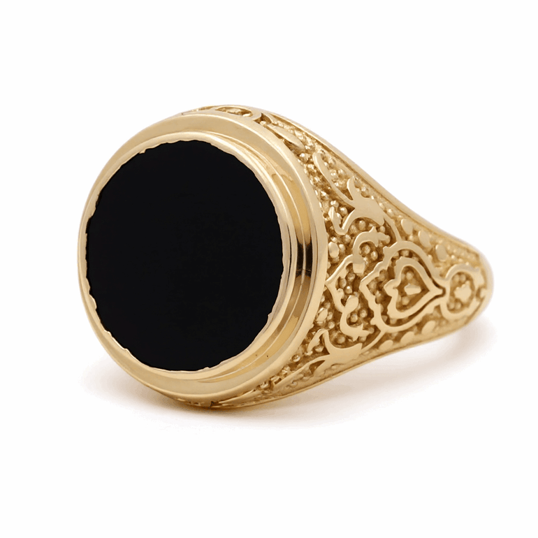 14k Yellow Gold Round Onix Fashion Ring - Miral Jewelry
