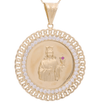 14K Yellow Gold Round Religious Pendant with Zirconias - Miral Jewelry