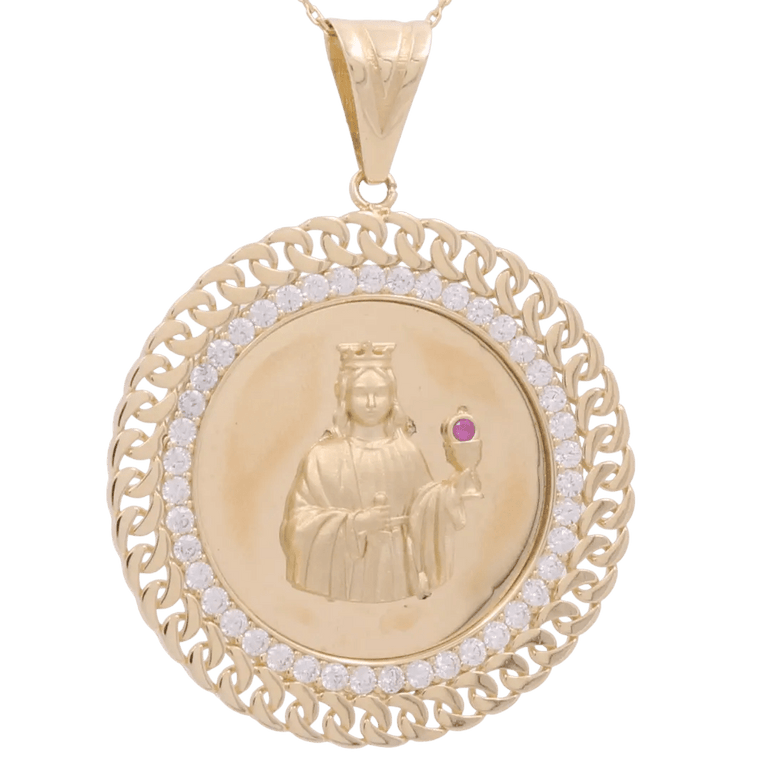14K Yellow Gold Round Religious Pendant with Zirconias - Miral Jewelry