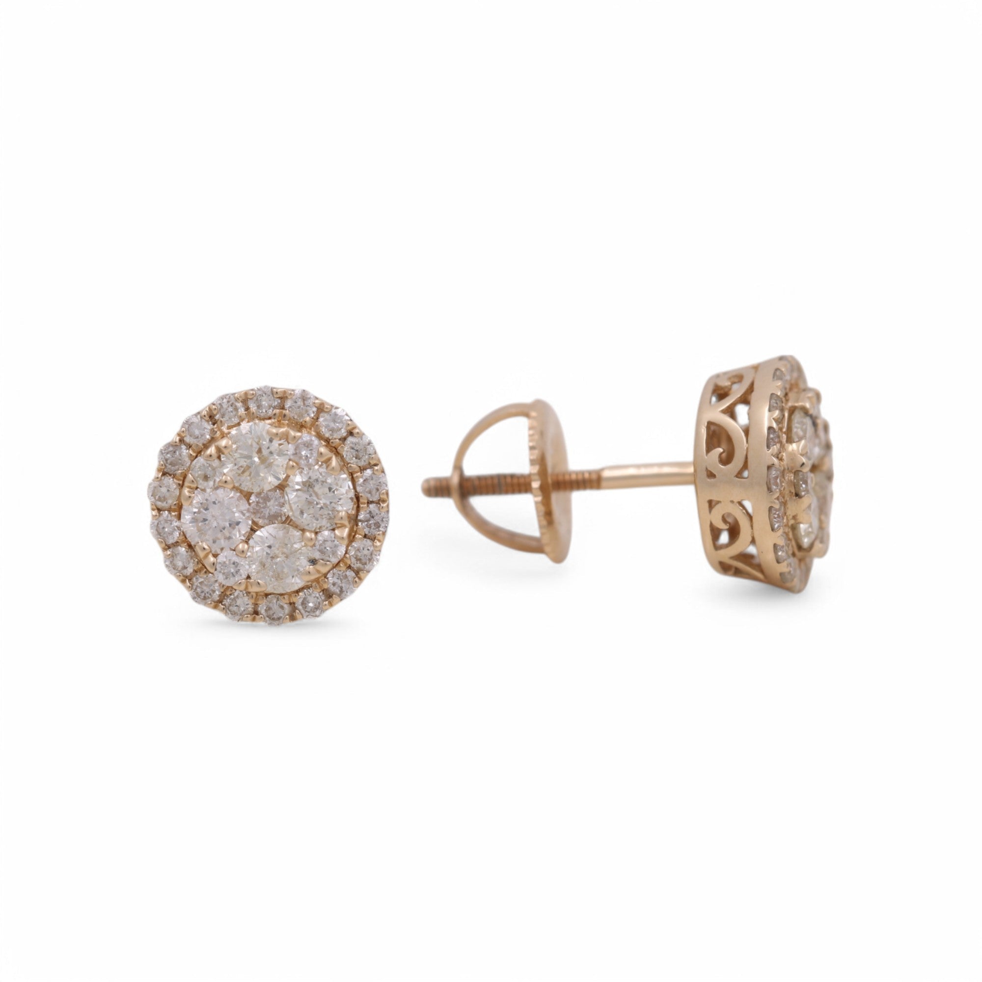 14K Yellow Gold Round Cluster Halo Diamond Stud Earrings 1.03 ct tw