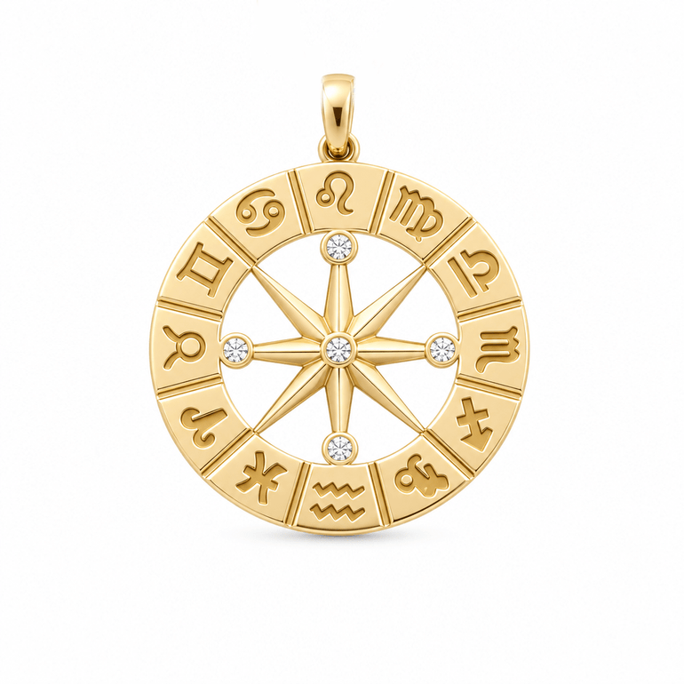14K Yellow Gold Round With Zodiac Pendant - Miral Jewelry