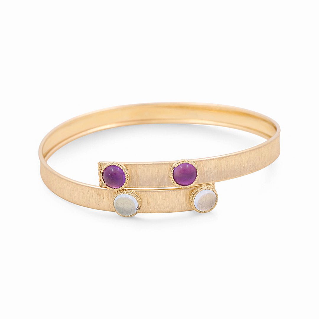 14K Yellow Gold Satin Bypass Bangle with Purple & White Stones 7in, 9.5 g
