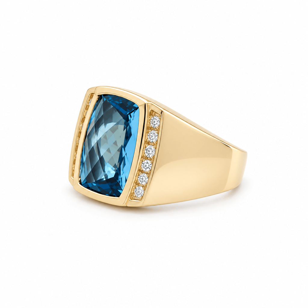14k Yellow Gold Satin Contemporary Rectangular Cushion Topazs Blue And 0.30Tw Round Diamond Ring Men's - Miral Jewelry