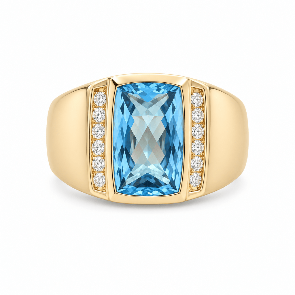14k Yellow Gold Satin Contemporary Rectangular Cushion Topazs Blue And 0.30Tw Round Diamond Ring Men's - Miral Jewelry
