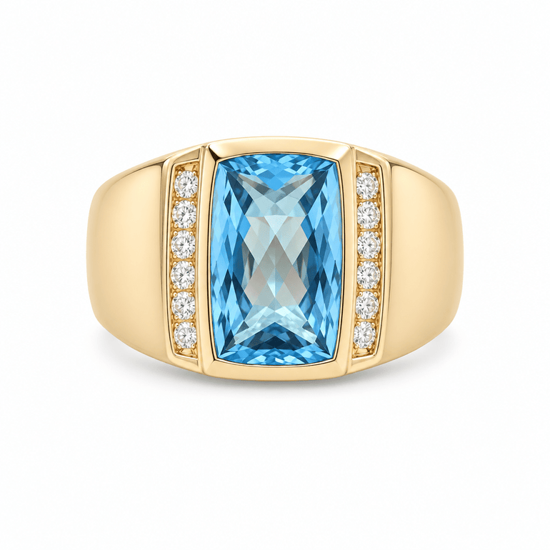14K Yellow Gold Men's Blue Topaz & Diamond Ring 0.30 ct tw