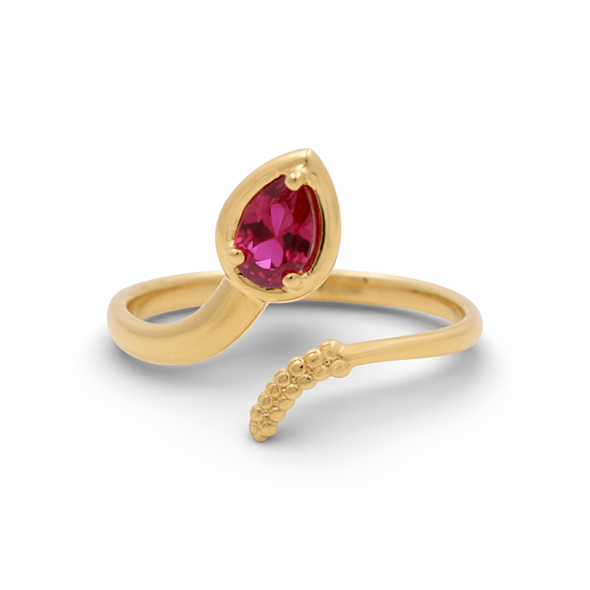 14K Yellow Gold Snake Ring with Red Pear Stone 2.3 g