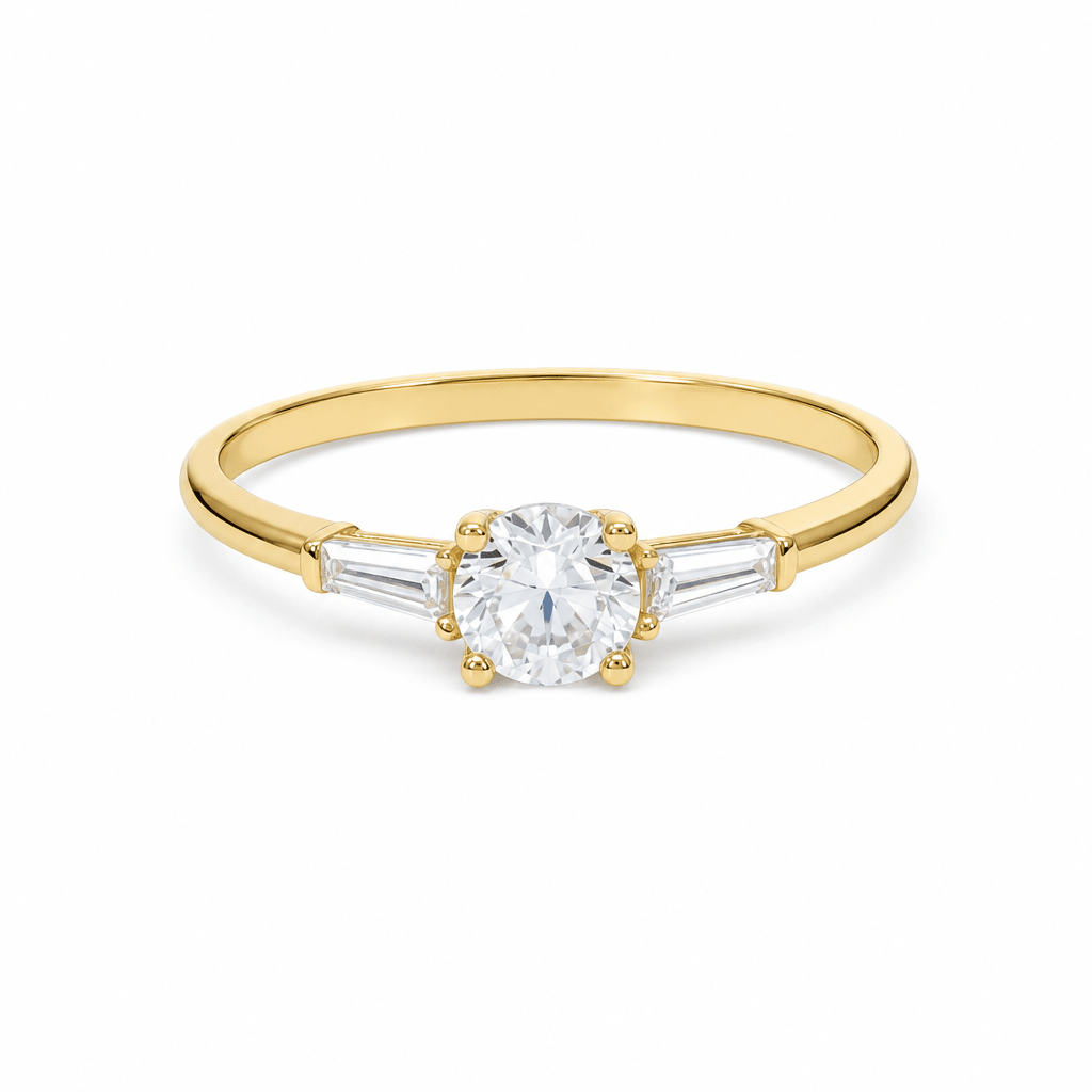 14K Yellow Gold Three-Stone CZ Ring with Baguettes