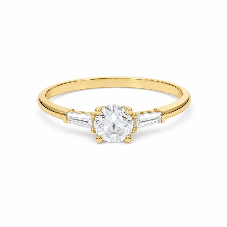 14K Yellow Gold Three-Stone CZ Ring with Baguettes