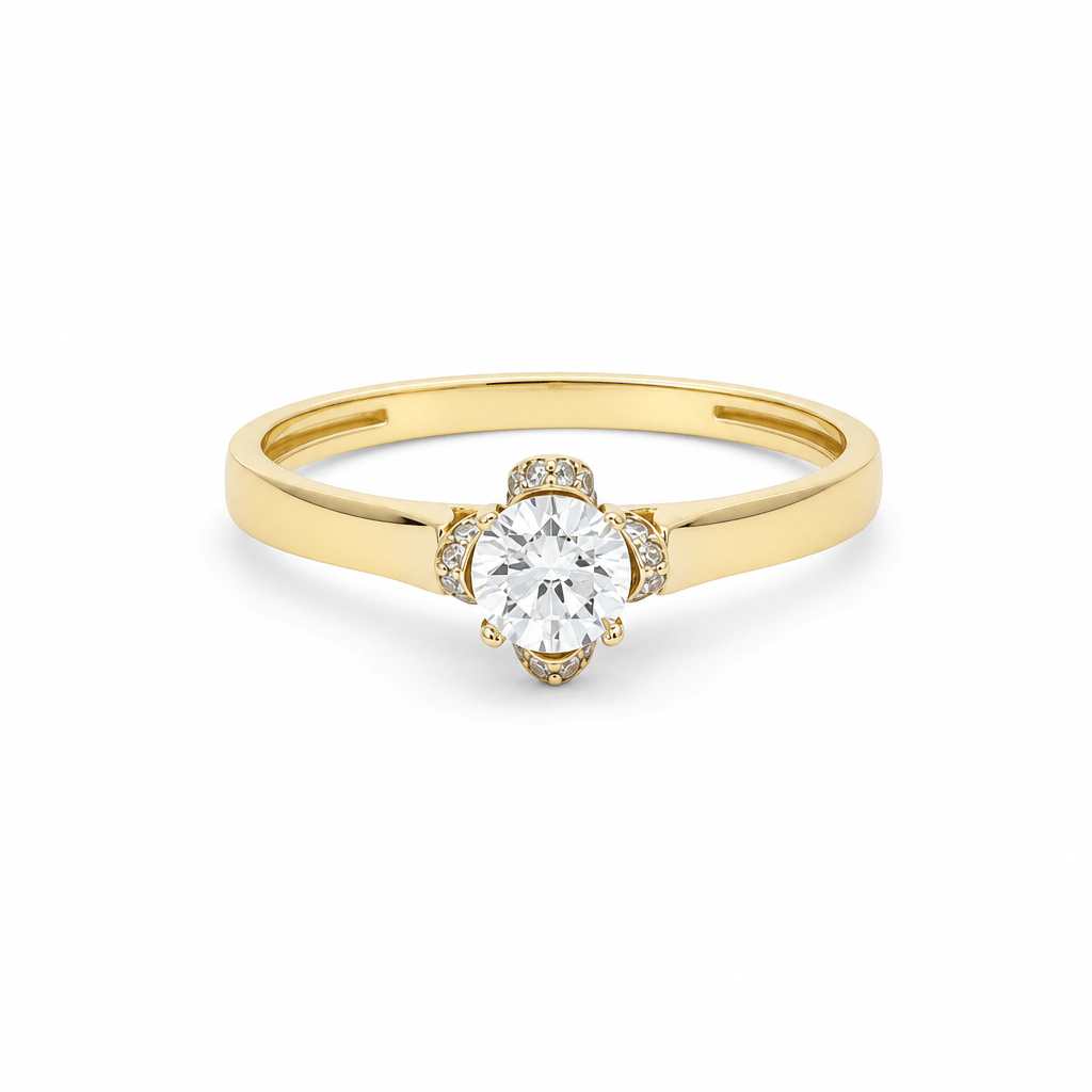 14K Yellow Gold Flower-Set CZ Solitaire Ring