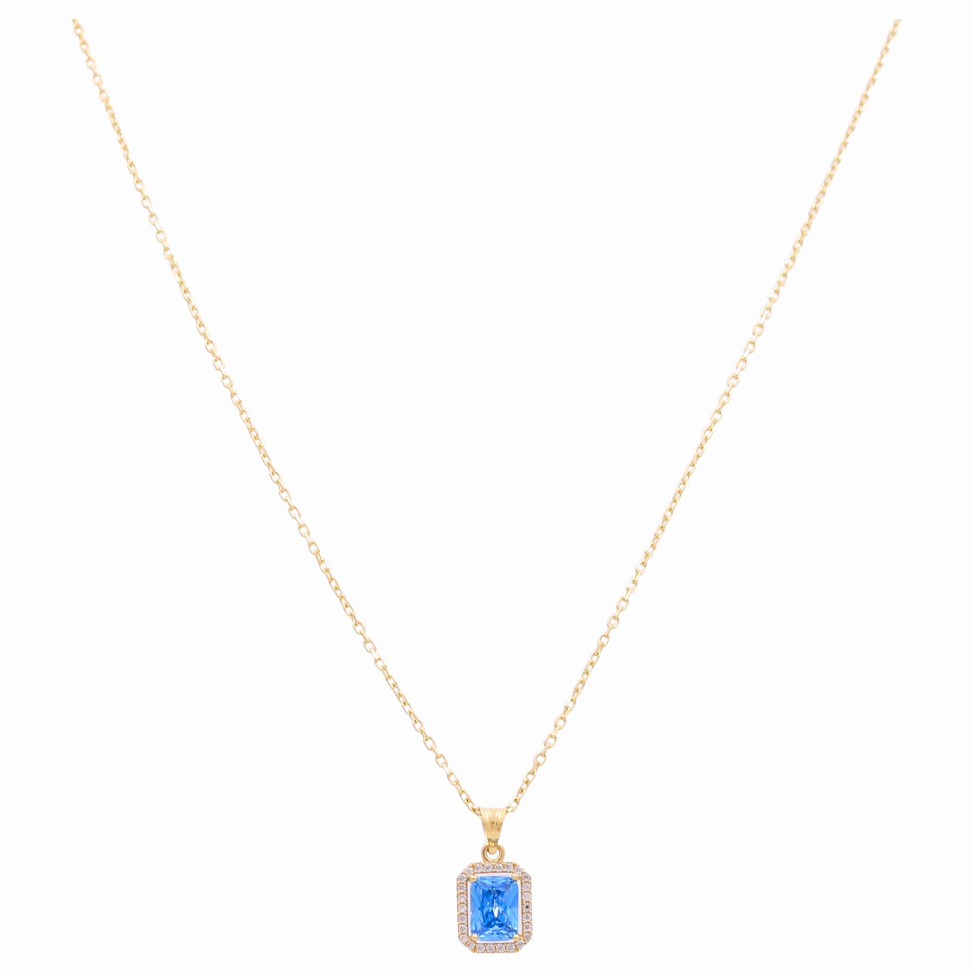14K Yellow Gold Blue Stone Halo Necklace 18in, 4.5 g