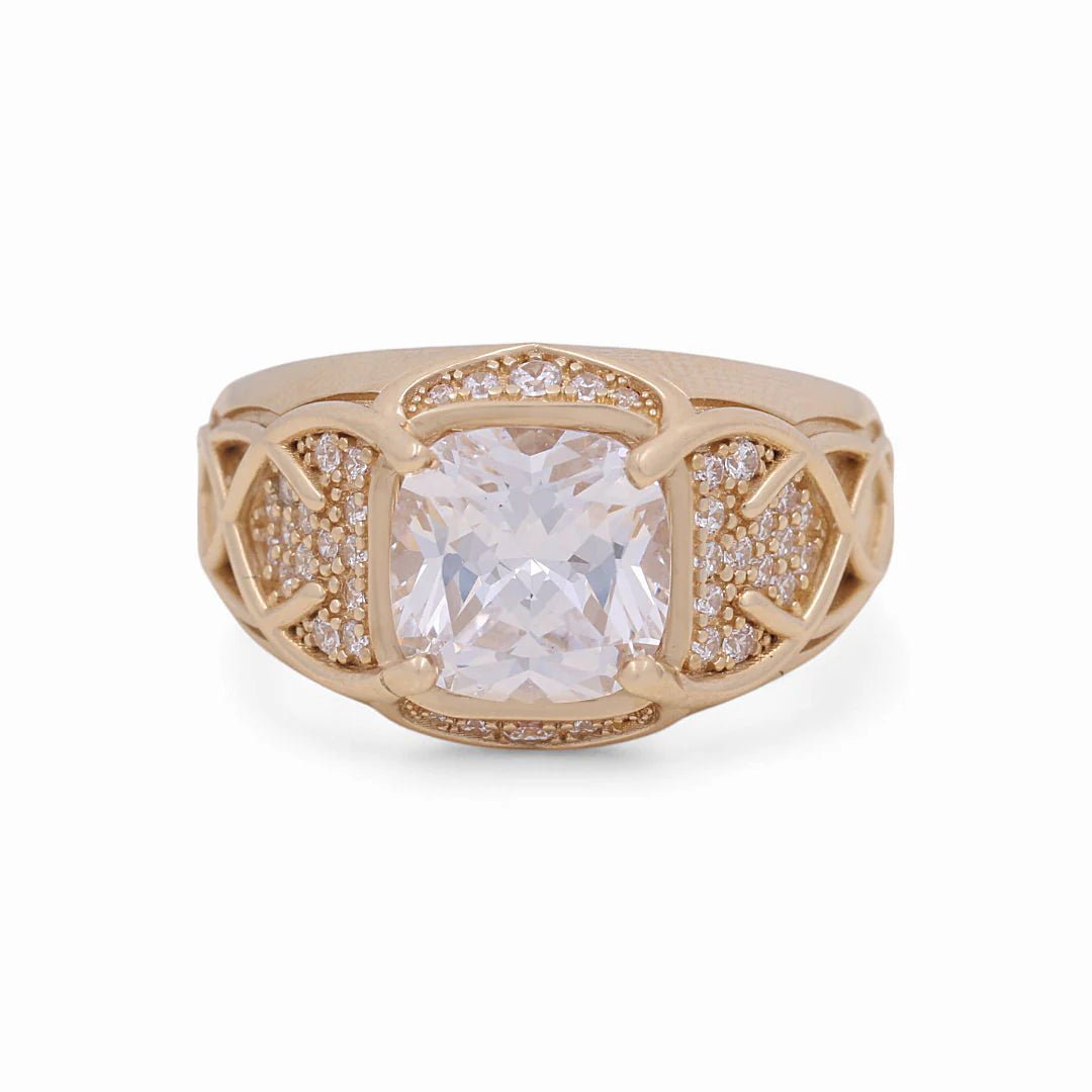 14K Yellow Gold Men's Cushion CZ Ring with Lattice Sides 13 g