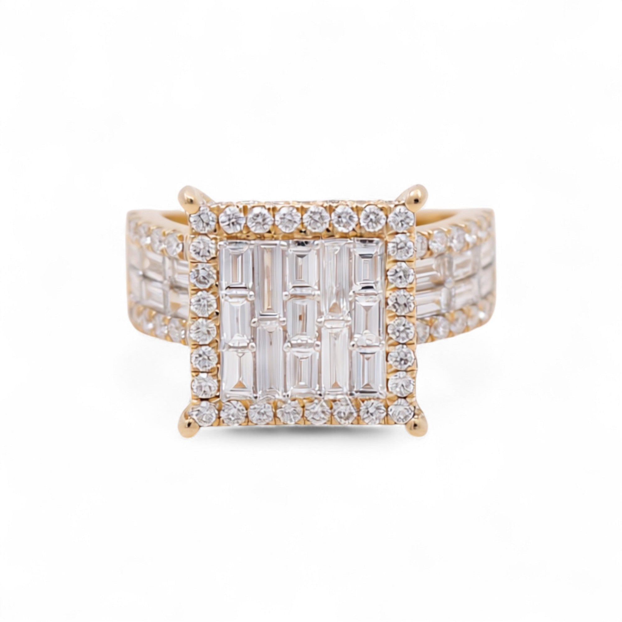 14K Yellow Gold Square Rings with 2.32Tw Baguette and Round Lab Diamonds - Miral Jewelry