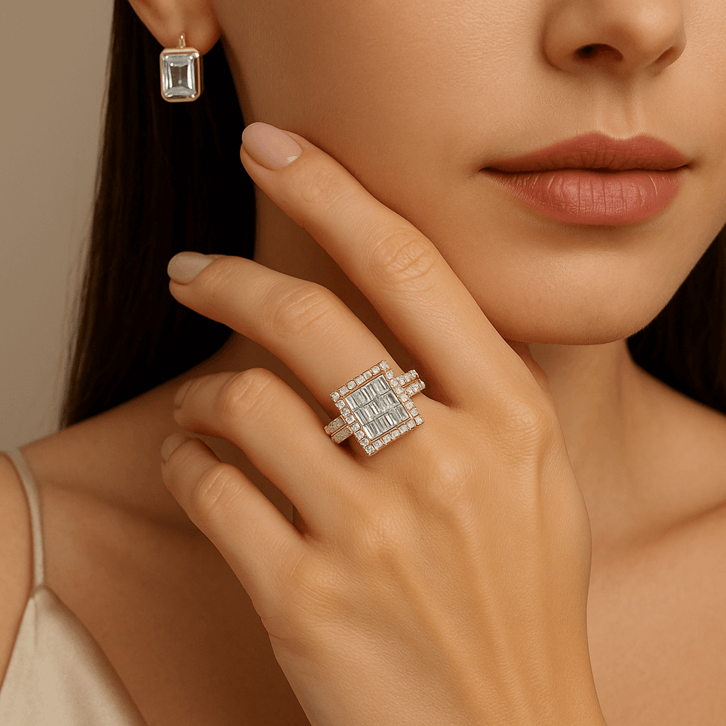 14K Yellow Gold Square Rings with 2.32Tw Baguette and Round Lab Diamonds - Miral Jewelry