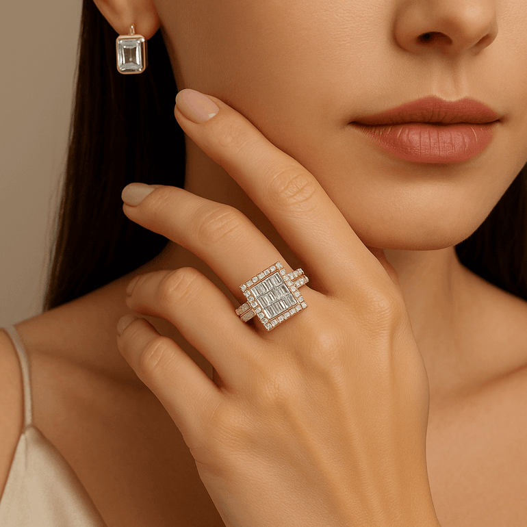 14K Yellow Gold Square Rings with 2.32Tw Baguette and Round Lab Diamonds - Miral Jewelry