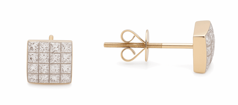 14K Yellow Gold Square Stud Diamond Earrings with 0.85Tw Square Diamonds - Miral Jewelry