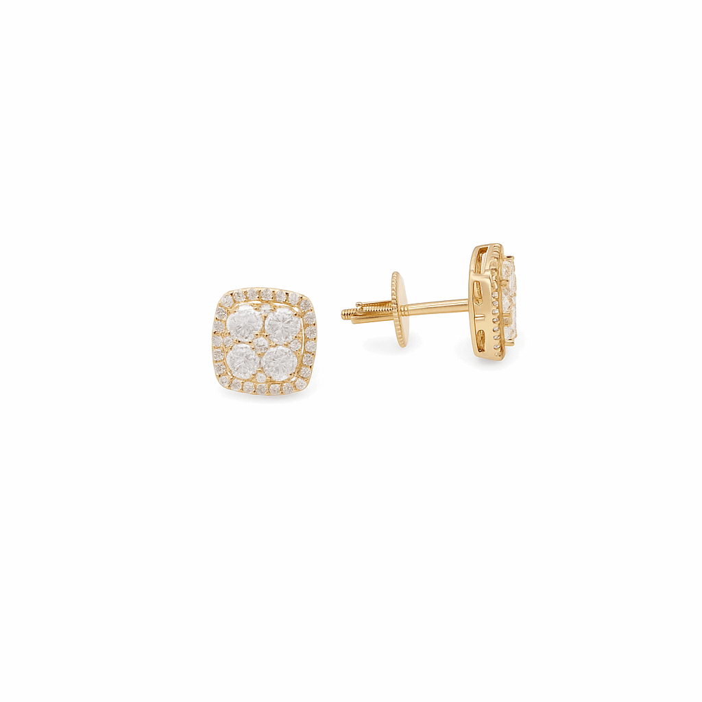 14K Yellow Gold Square Stud Diamond Earrings with 1.00Tw Round Diamonds - Miral Jewelry