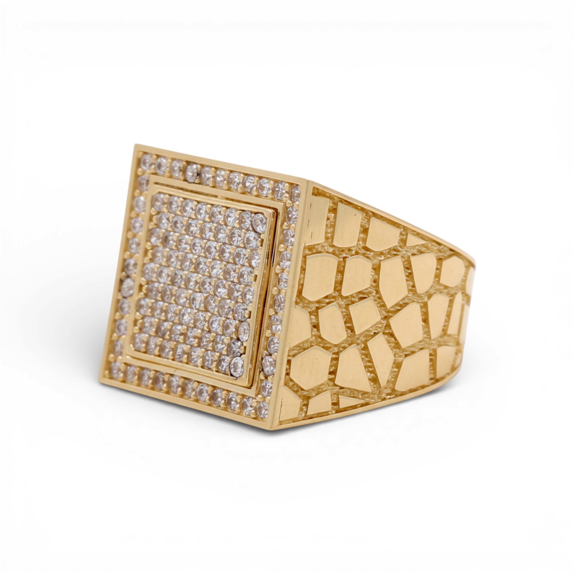 14K Yellow Gold Men's Square Pavé CZ Ring with Nugget Sides 7.7 g – view 2
