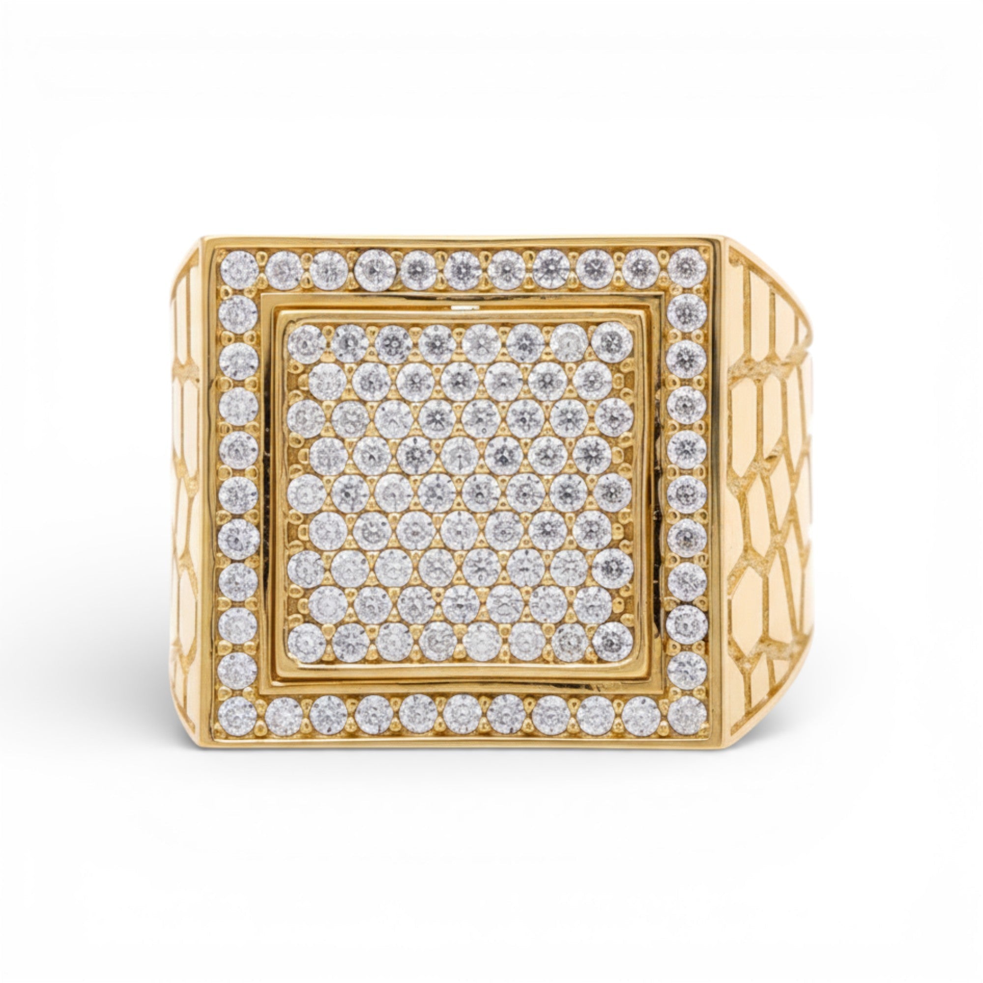 14K Yellow Gold Men's Square Pavé CZ Ring with Nugget Sides 7.7 g