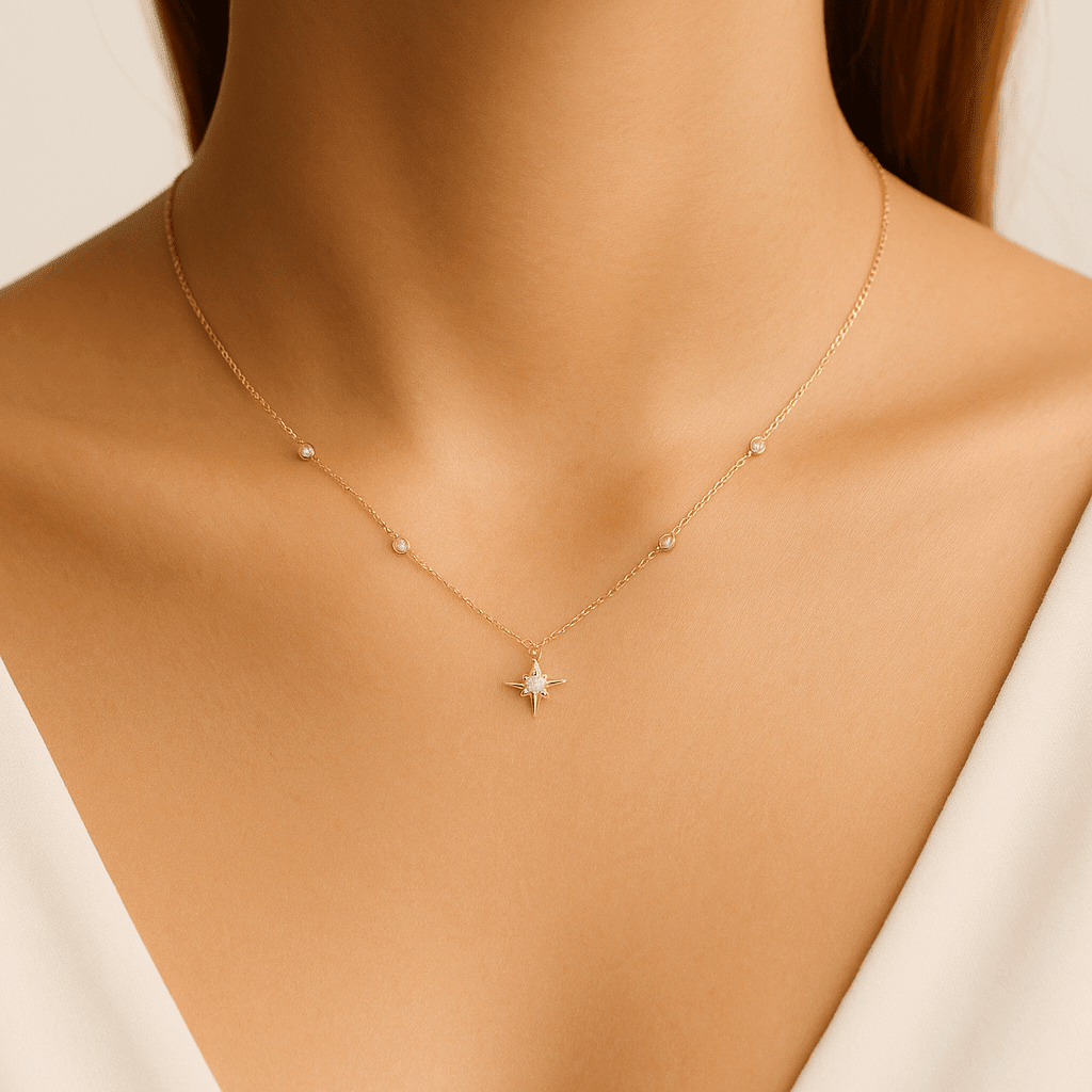 14K Yellow Gold Diamond Star Station Necklace 0.34 ct tw – view 2