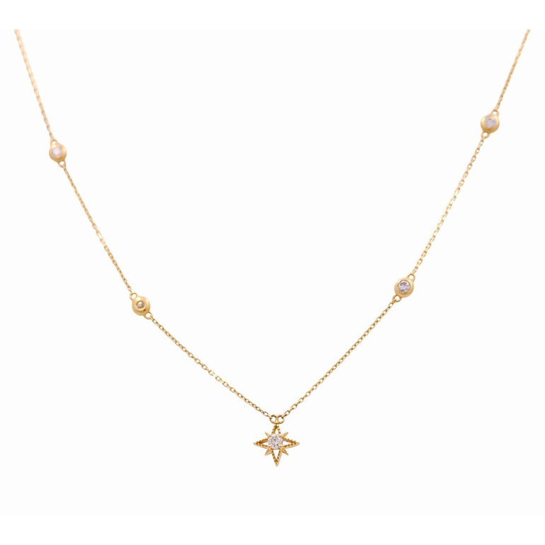 14K Yellow Gold Diamond Star Station Necklace 0.34 ct tw