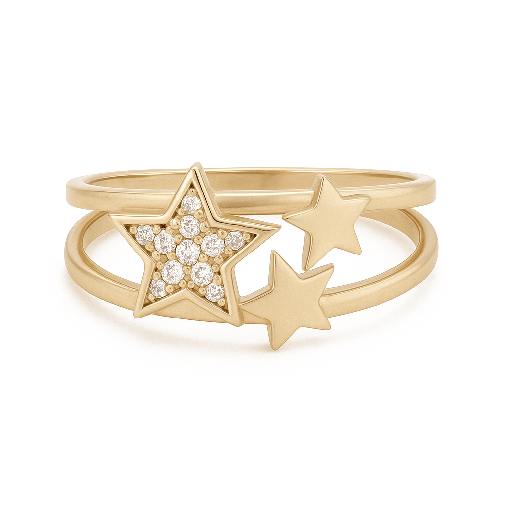 14K Yellow Gold Triple Star Split Ring with CZ 2.1 g