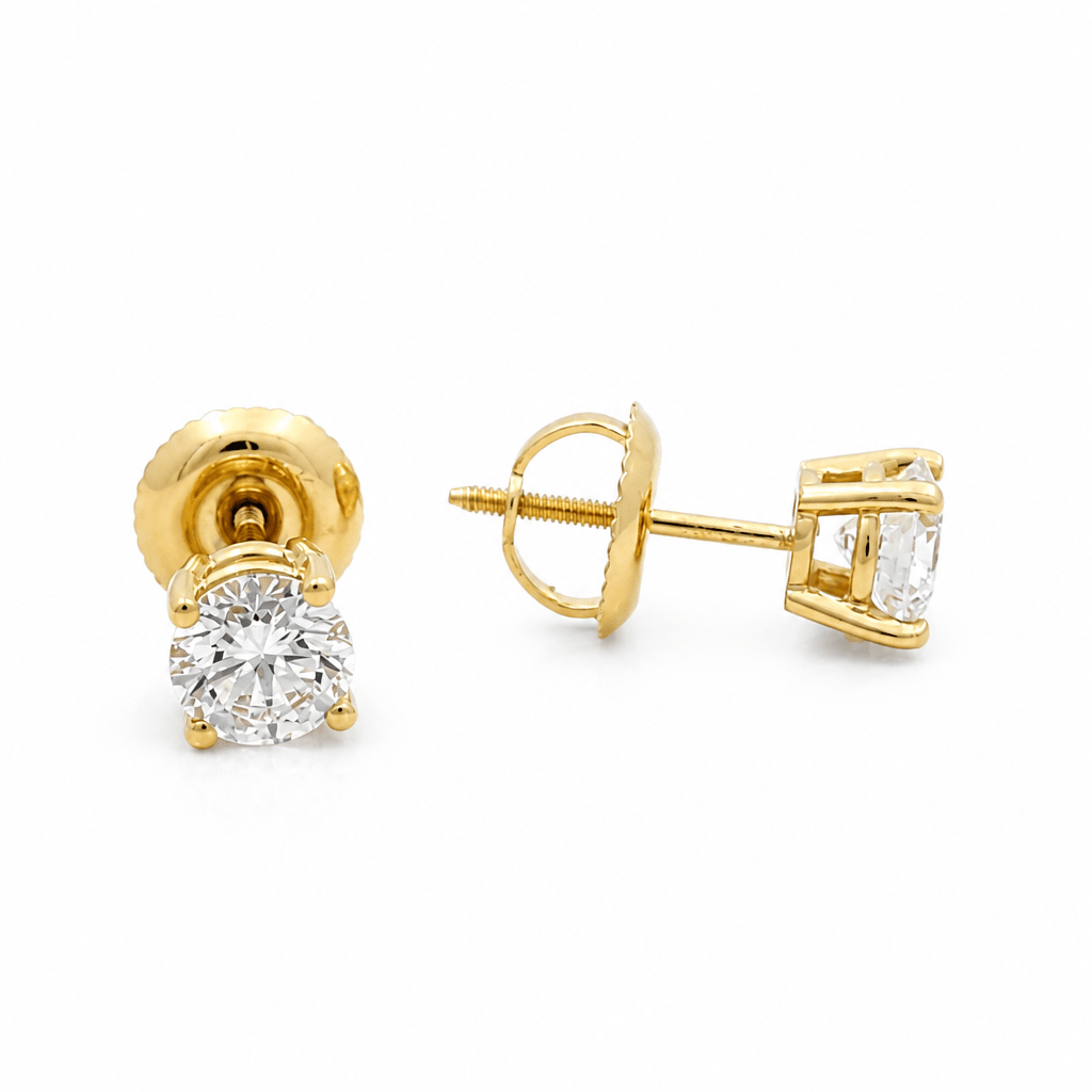14K Yellow Gold Stud Diamond Earrings with 0.92Tw Round H Si2 Diamonds - Miral Jewelry