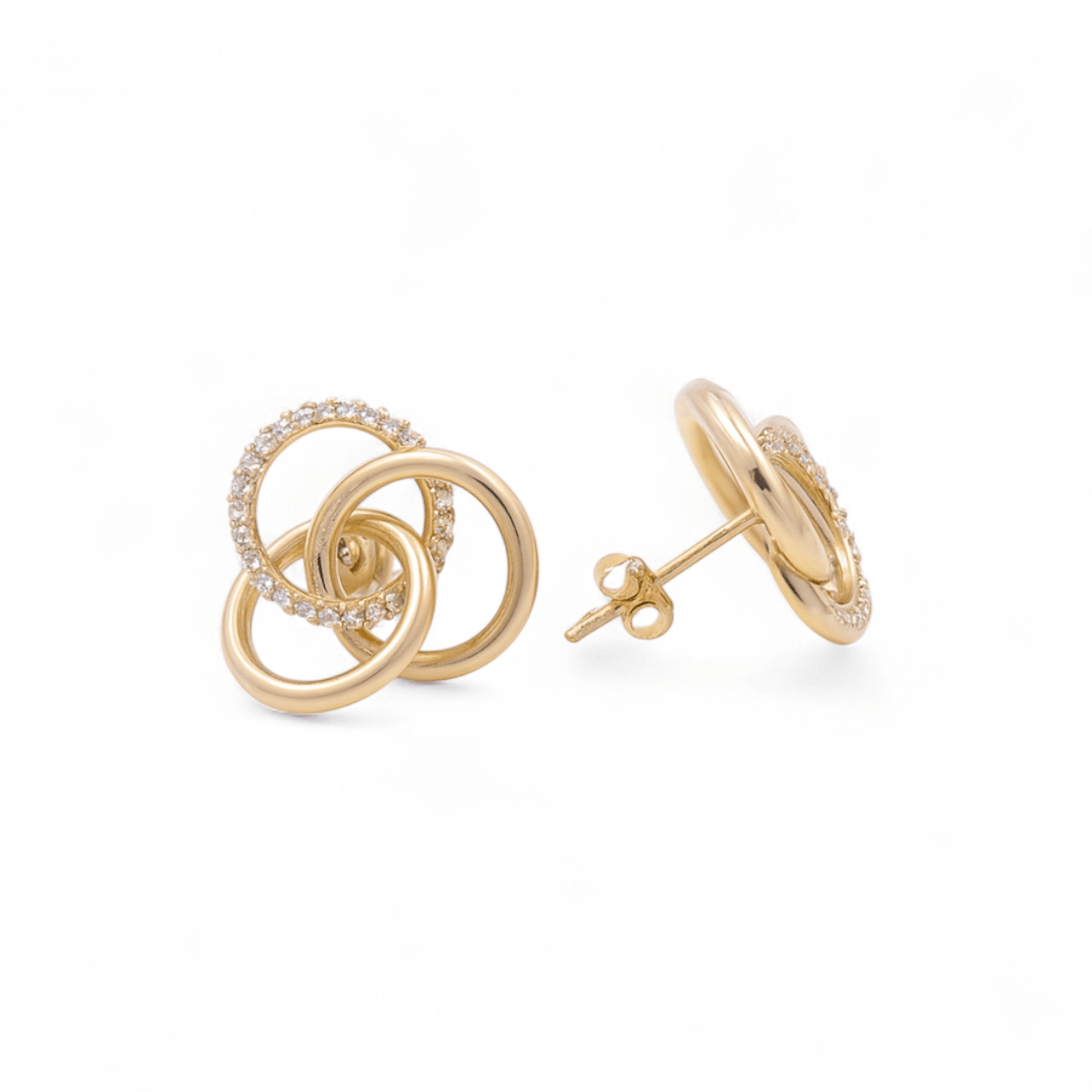 14K Yellow Gold Interlocking Circles Stud Earrings with CZ 2.5 g