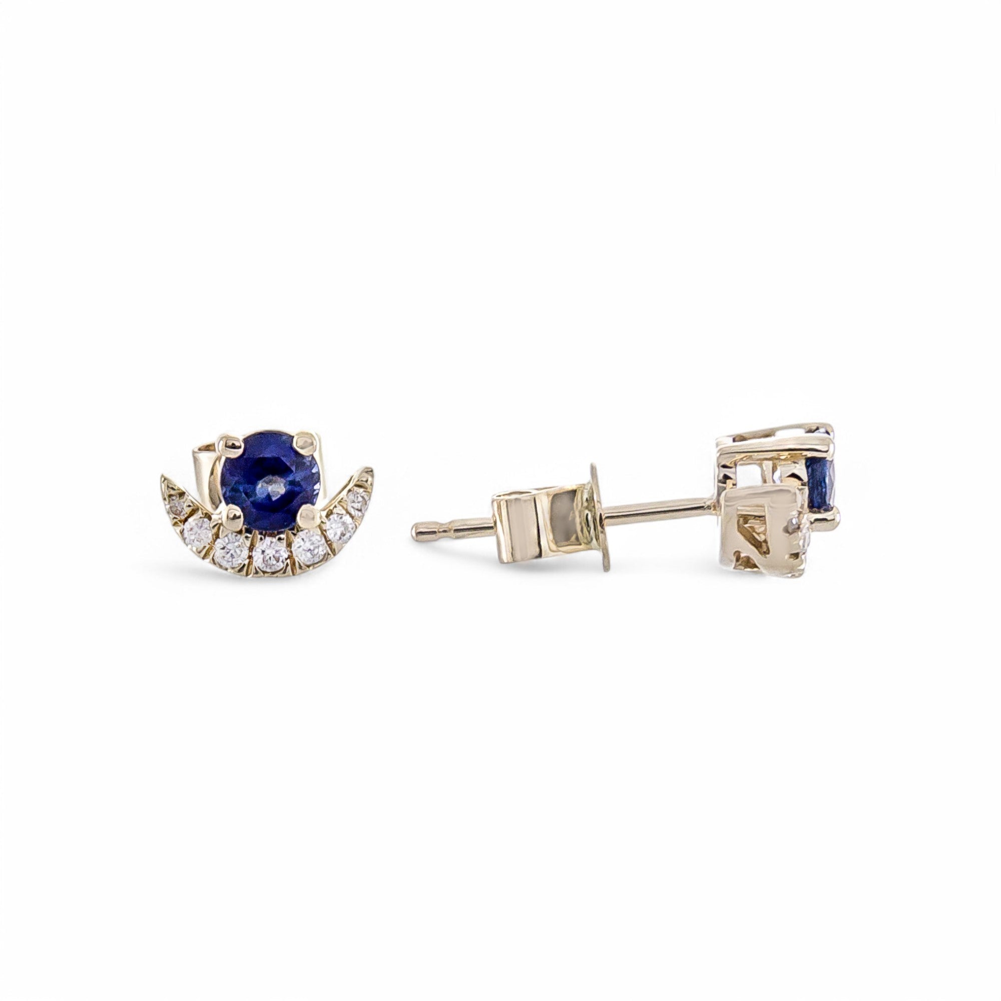 14K Yellow Gold Stud Earrings with 0.45Tw Round Sapphires and 0.08 Tw Round Diamonds - Miral Jewelry