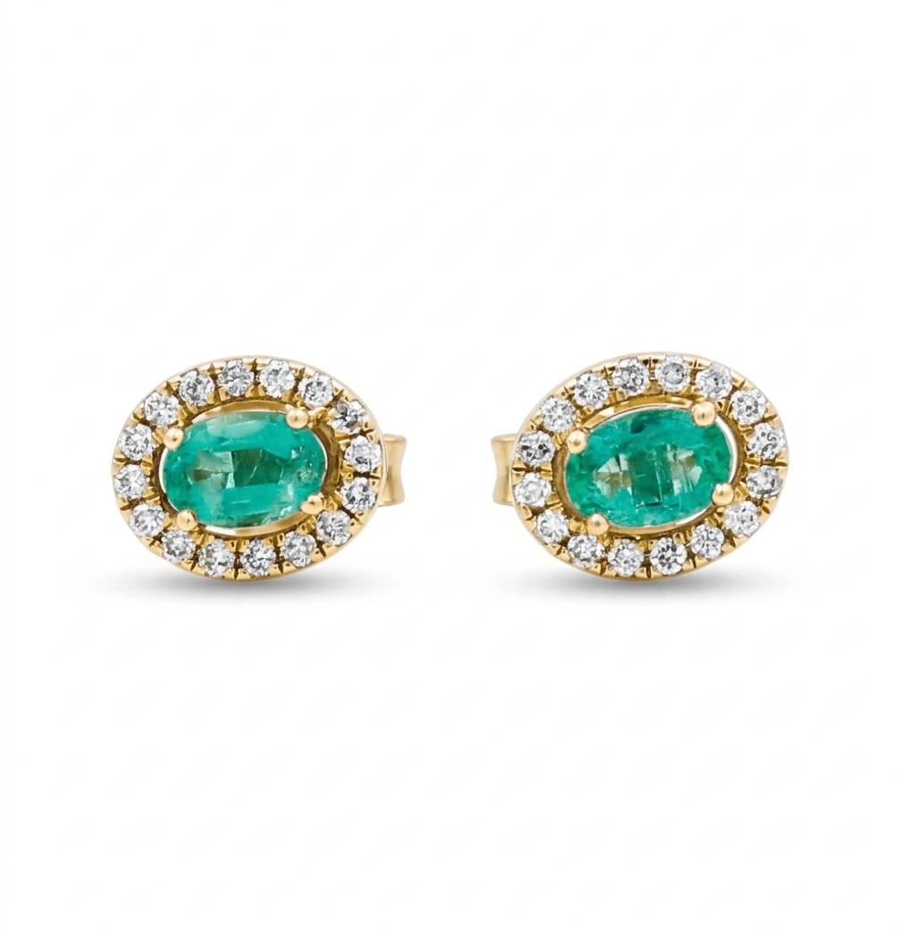 14K Yellow Gold Stud Earrings with 0.46Tw Oval Emeralds and 0.25Tw Round Diamonds - Miral Jewelry