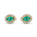 14K Yellow Gold Stud Earrings with 0.46Tw Oval Emeralds and 0.25Tw Round Diamonds - Miral Jewelry