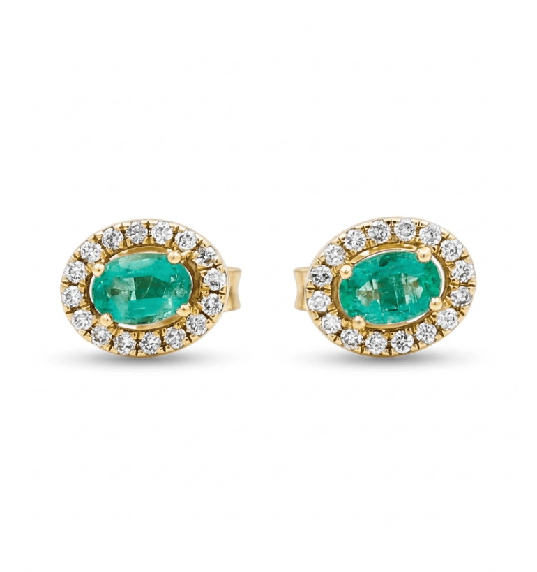 14K Yellow Gold Stud Earrings with 0.46Tw Oval Emeralds and 0.25Tw Round Diamonds - Miral Jewelry