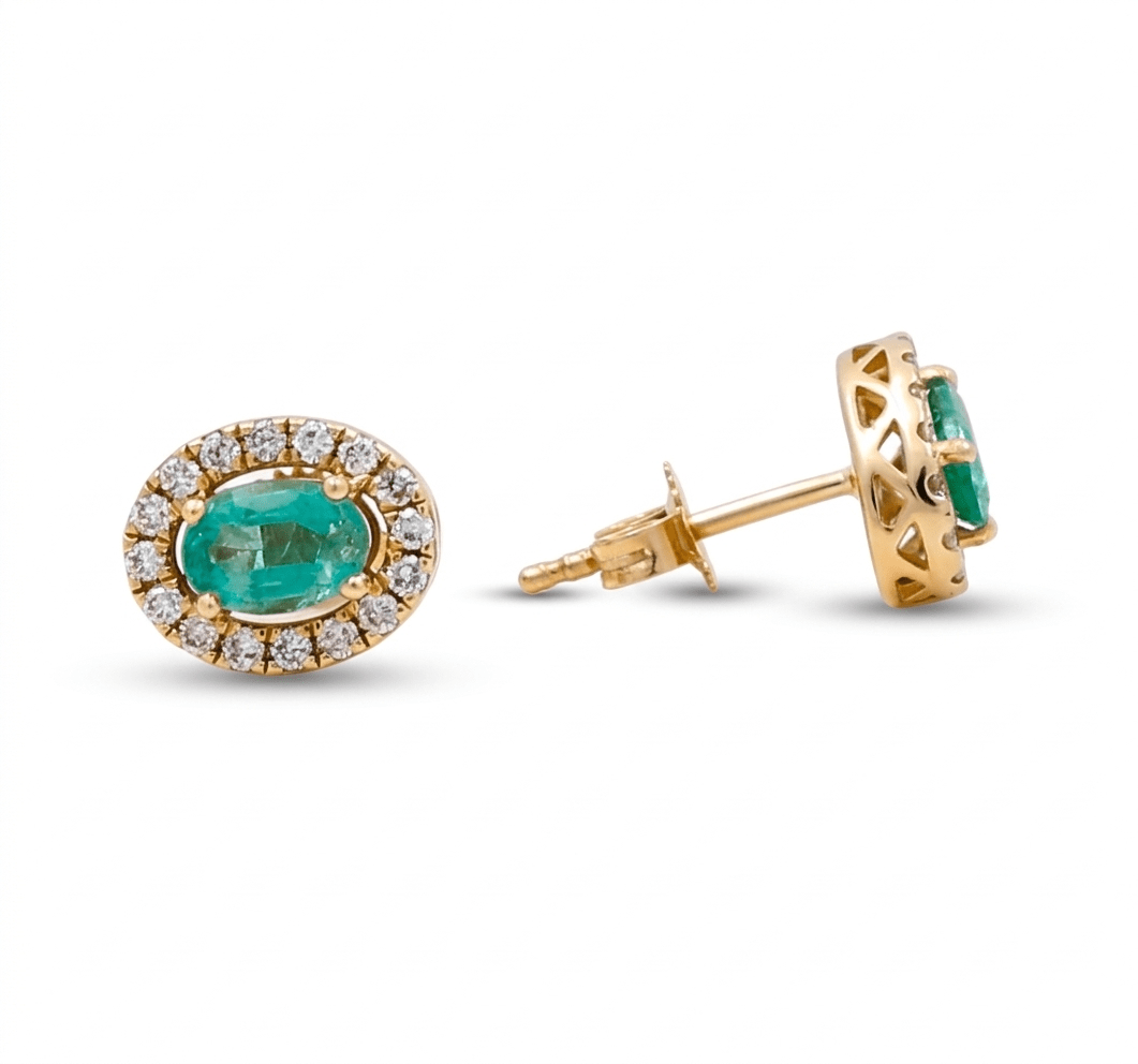 14K Yellow Gold Stud Earrings with 0.46Tw Oval Emeralds and 0.25Tw Round Diamonds - Miral Jewelry