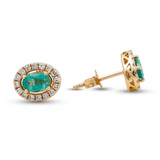 14K Yellow Gold Stud Earrings with 0.46Tw Oval Emeralds and 0.25Tw Round Diamonds - Miral Jewelry