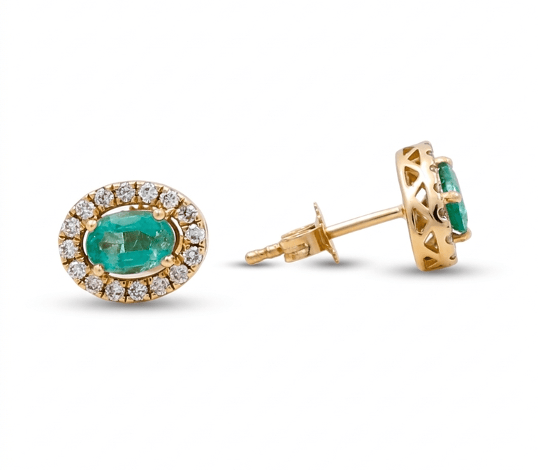 14K Yellow Gold Stud Earrings with 0.46Tw Oval Emeralds and 0.25Tw Round Diamonds - Miral Jewelry