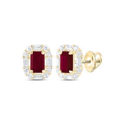 14K Yellow Gold Emerald-Cut Ruby & Baguette Diamond Studs
