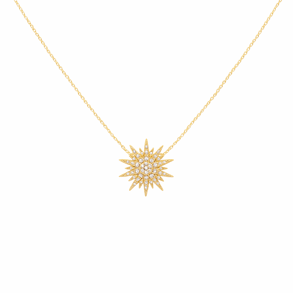 14k Yellow Gold Sun Diamond Necklace with 0.18Tw Round Diamonds - Miral Jewelry