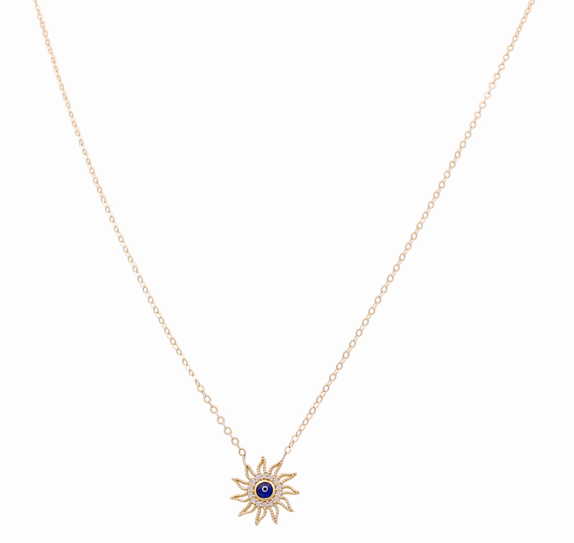 14K Yellow Gold Sun with Evil Eye Necklace 18in, 3.3 g