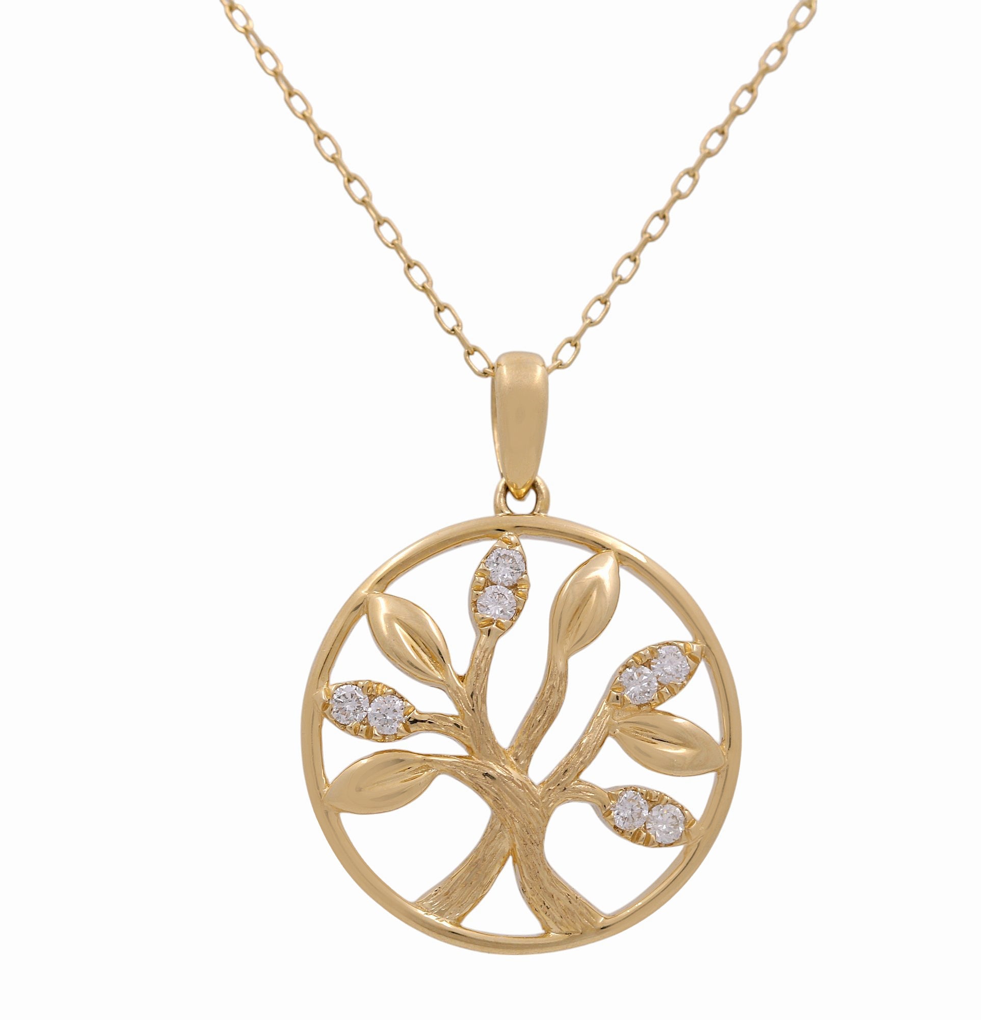 14k Yellow Gold Tree Diamond Necklace with 0.15 Tw Round Diamonds - Miral Jewelry