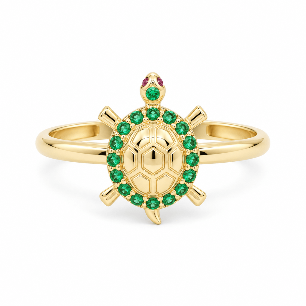 14K Yellow Gold Turtle Ring with Green Stones