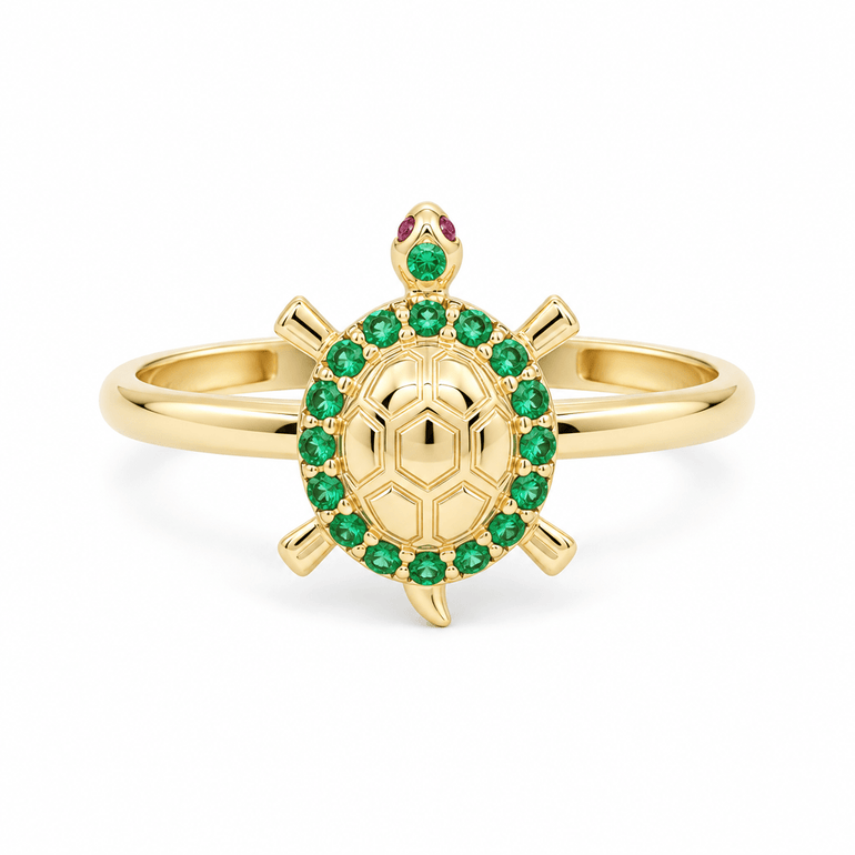 14K Yellow Gold Turtle Ring with Green Stones