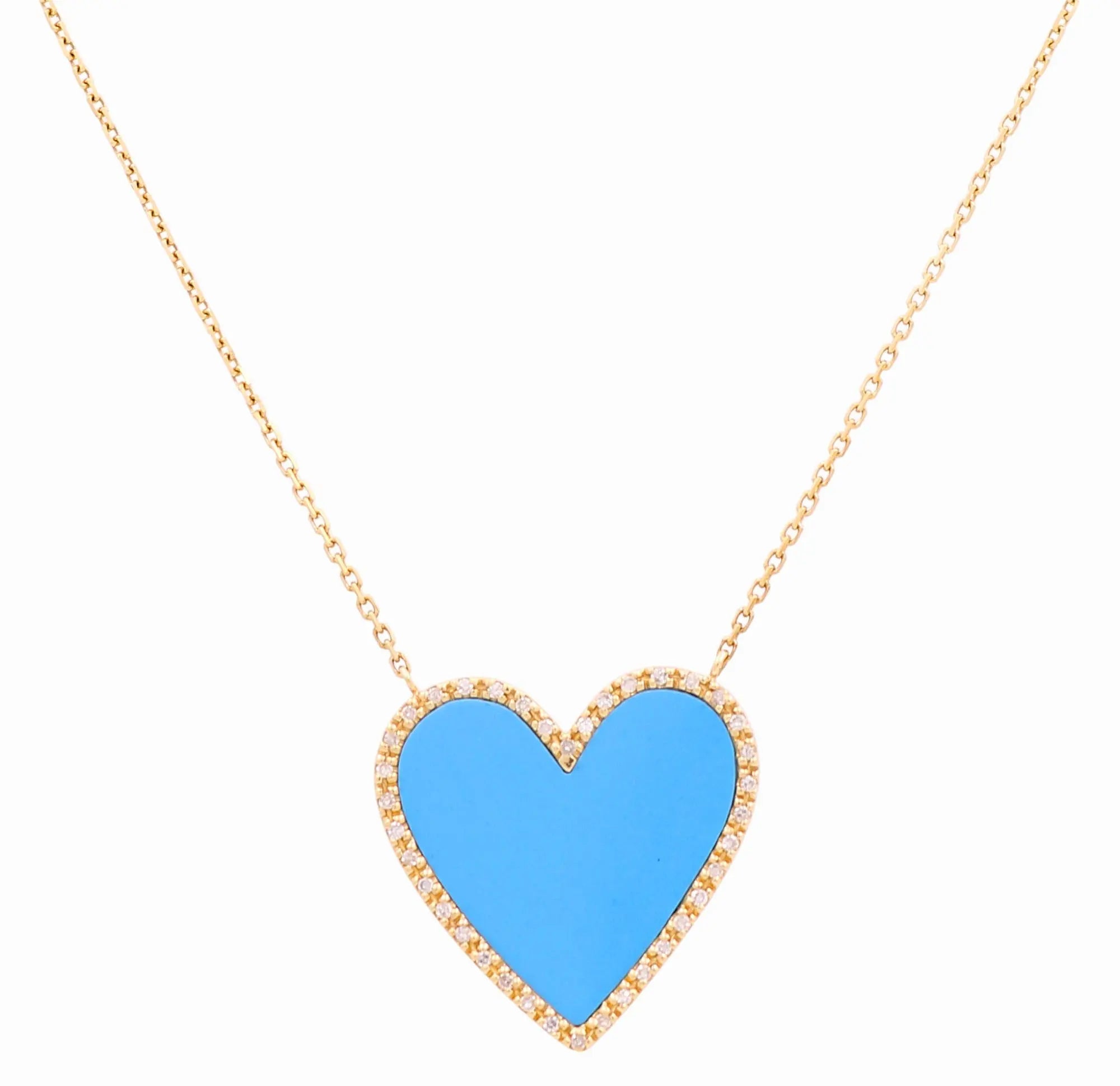 14K Yellow Gold Turquoise Heart Women's Necklaces with 0.12Tw Round Diamonds - Miral Jewelry