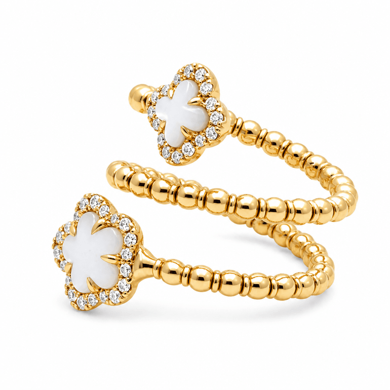 14K Yellow Gold Two Mop Clovers Diamond Fashion Ring with 0.20Tw Round Diamonds - Miral Jewelry