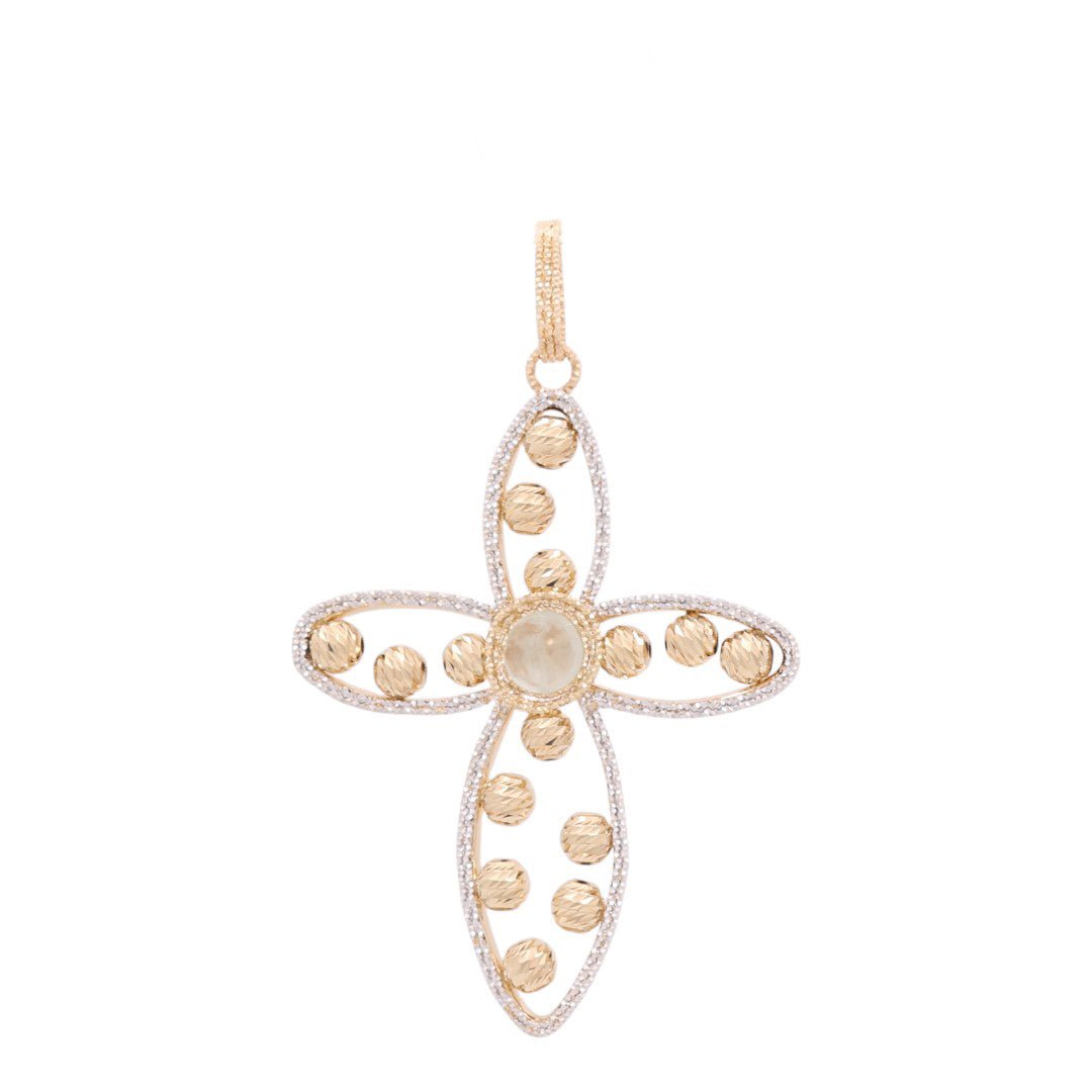 14K Yellow Gold Two Tone White/Yellow Diamond Cut Medal Pendant - Miral Jewelry