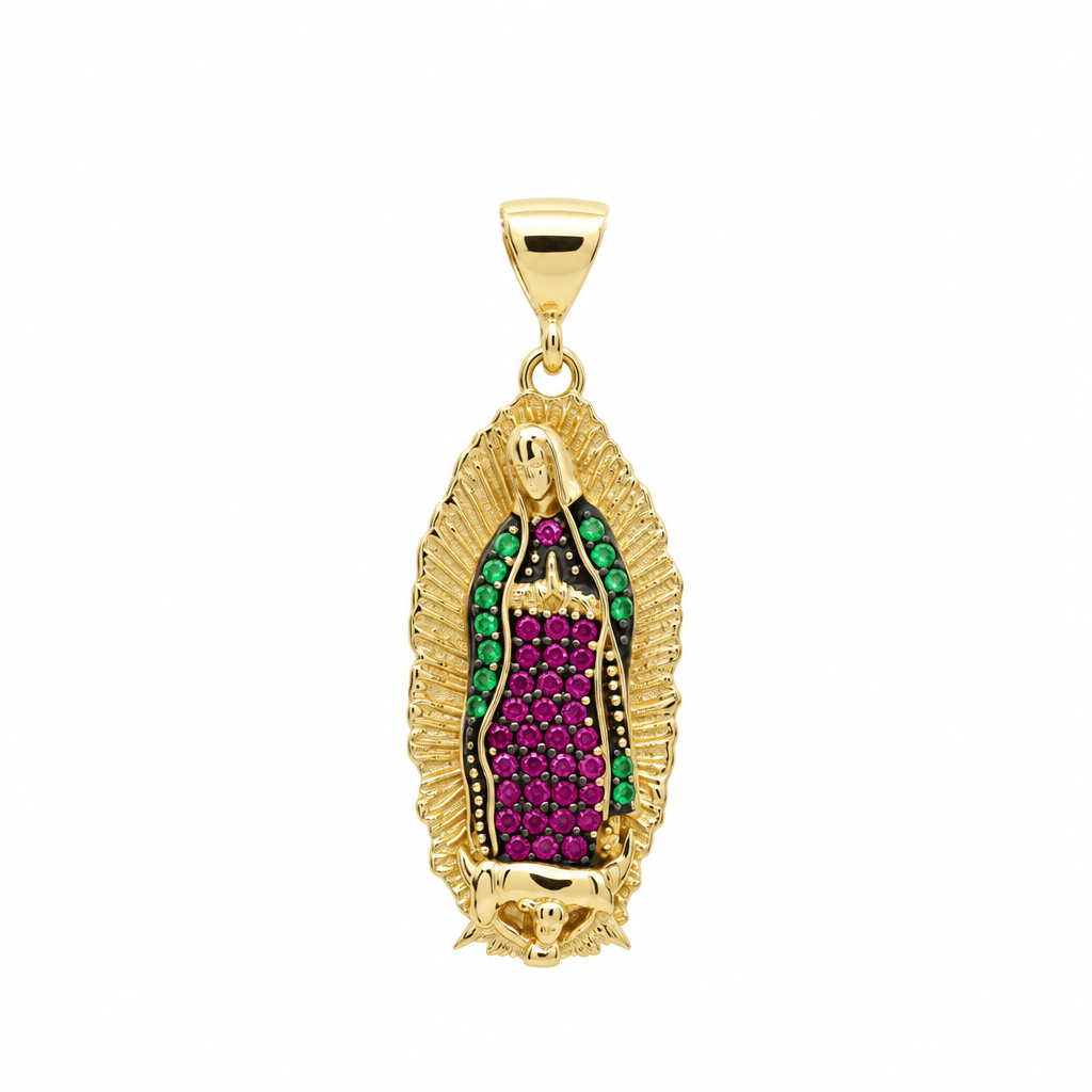 14K Yellow Gold Virgen de Guadalupe Pendant with Colored CZ – 24mm - Miral Jewelry