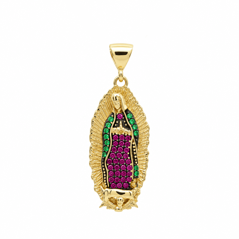 14K Yellow Gold Virgen de Guadalupe Pendant with Colored CZ – 24mm - Miral Jewelry