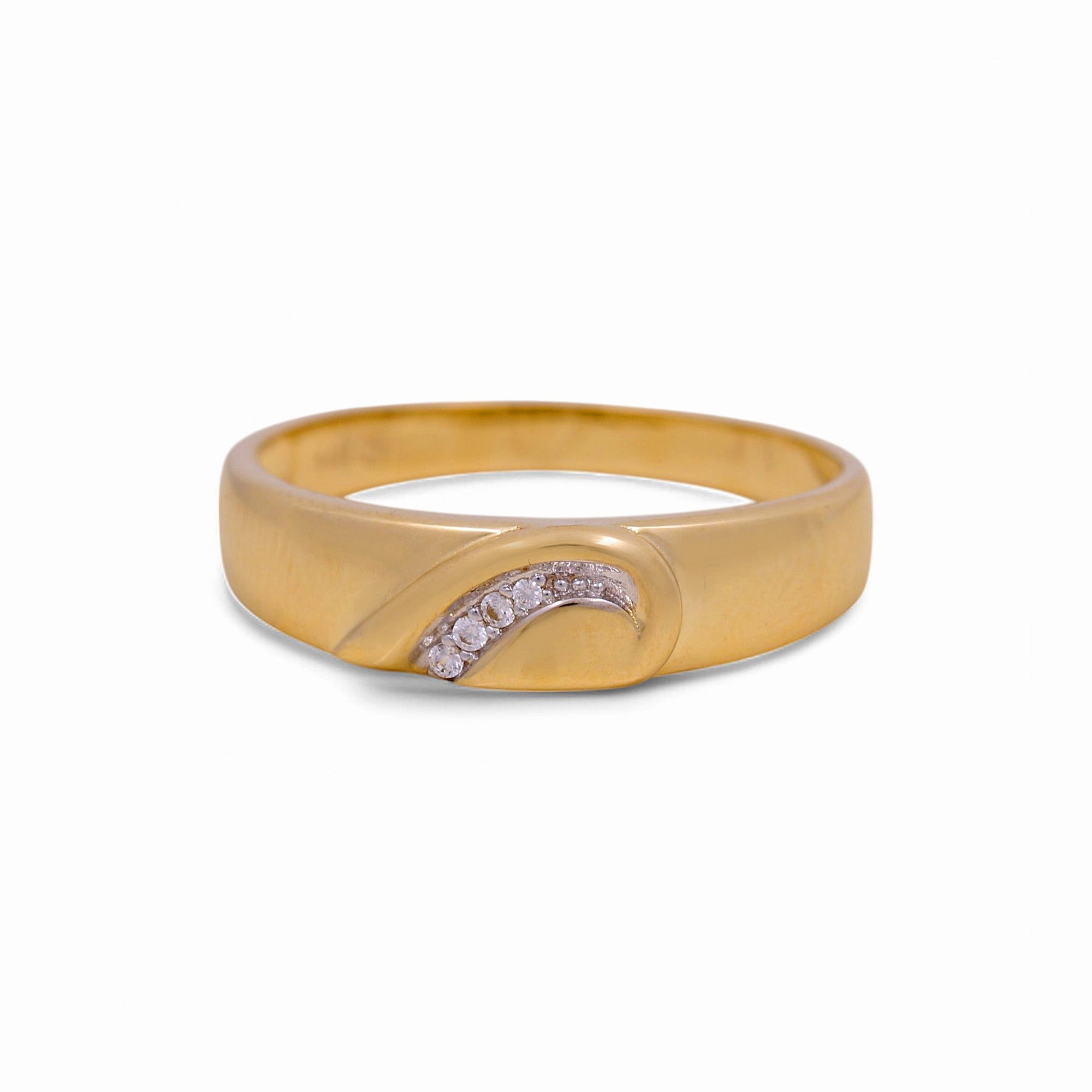 14K Yellow Gold Satin Wedding Band with CZ Swoosh 3.2 g