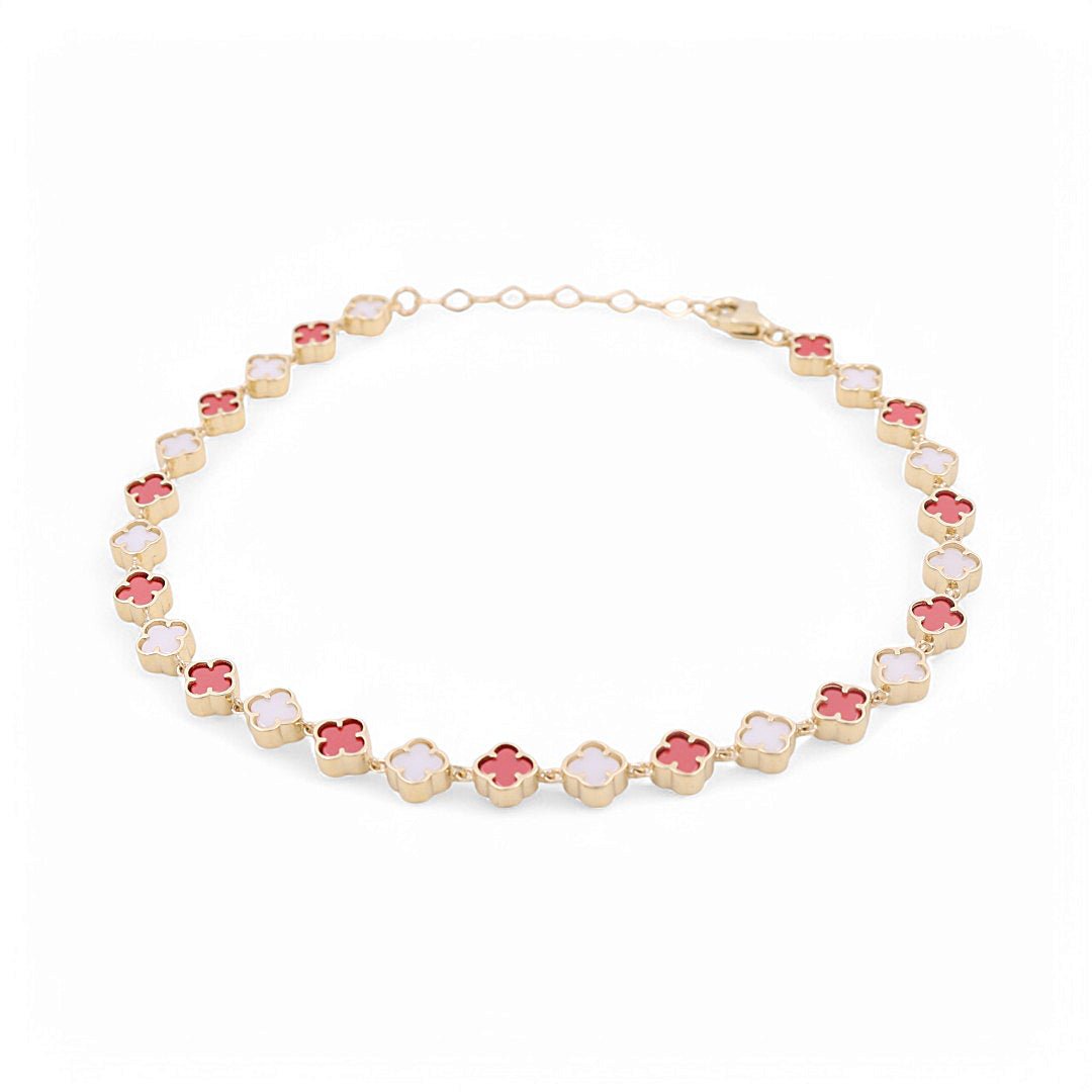 14K Yellow Gold White and Red Flower Bracelet Women's - Miral Jewelry